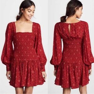 Red Long Sleeve Peasant Dress with Floral Print